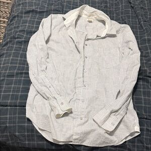 J. Crew White Button-Down Shirt with Subtle Gray Geometric Grid